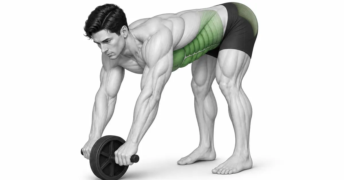 Standing AB rollout panimulang posisyon na may hip hinge at abdominal roller sa sahig.