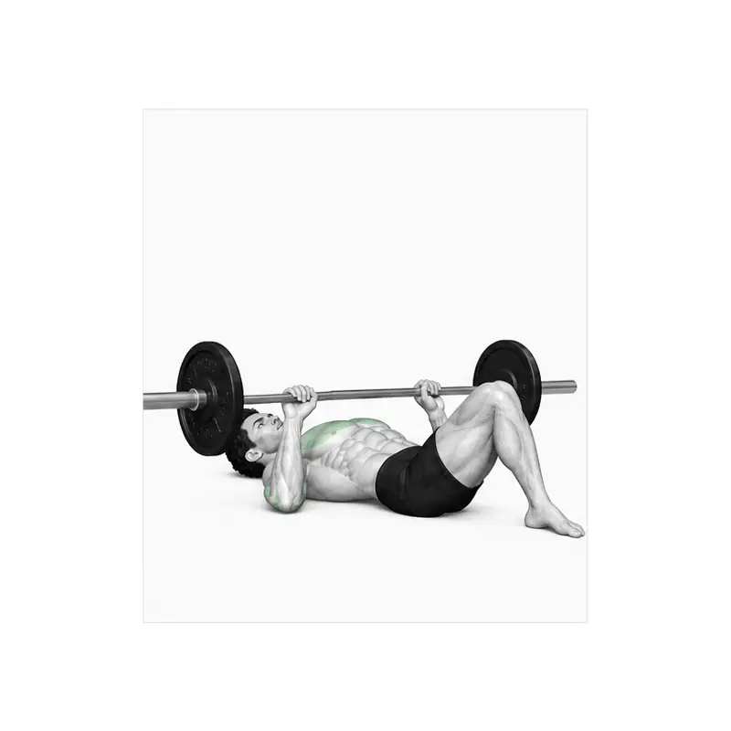 Barbell vloer druk onderste posisie met bo-arms wat liggies aan die vloer raak en onderarms vertikaal.
