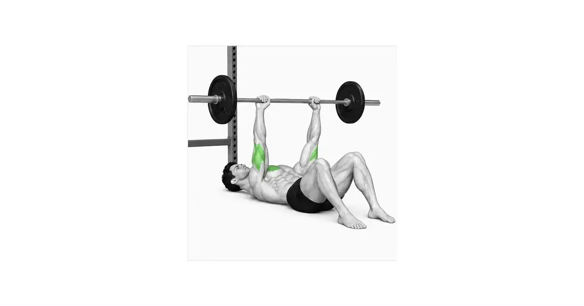Barbell vloer druk begin posisie in 'n lae rek met knieë op en barbell oor skouers.