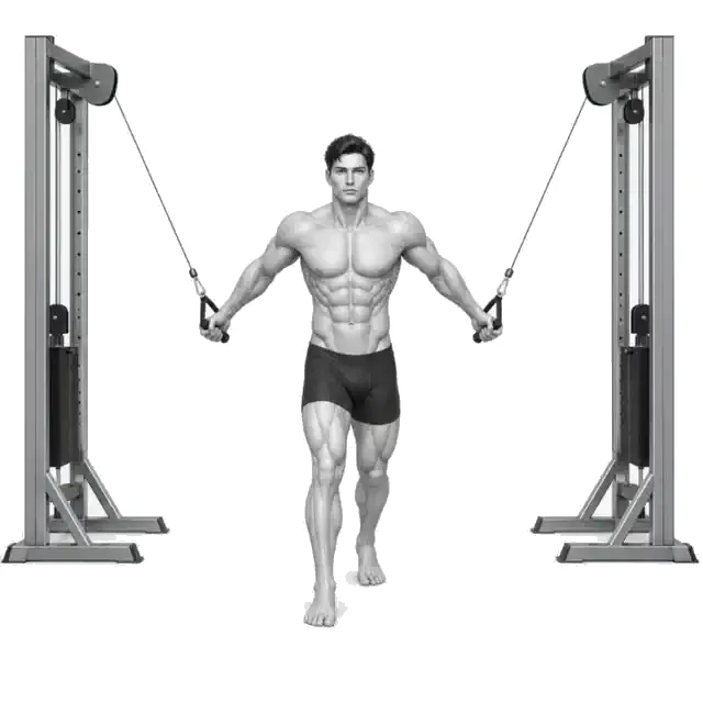 Cable crossover setup na nagpapakita ng matataas na pulley na may tugmang load, split stance, at patayong trunk