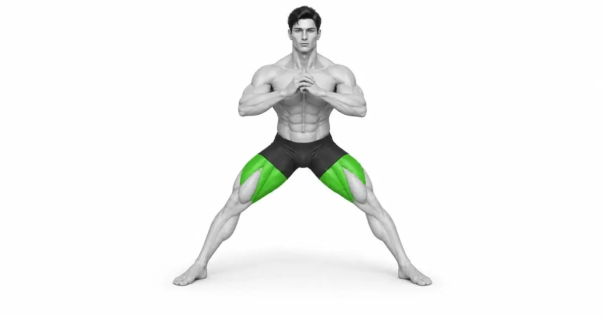 Cossack squat starting position with feet wide apart and knees and toes aligned