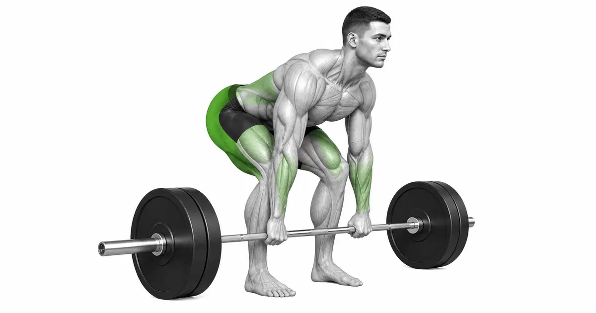 ទីតាំងចាប់ផ្តើម Deadlift និងទីតាំងឈរជាមួយ barbell នៅជិត shins