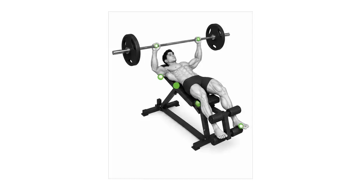 Weier bankdrukopstelling wat die beenbeperkingskussings en kontak deur die boonste rug, glutes en hande wys