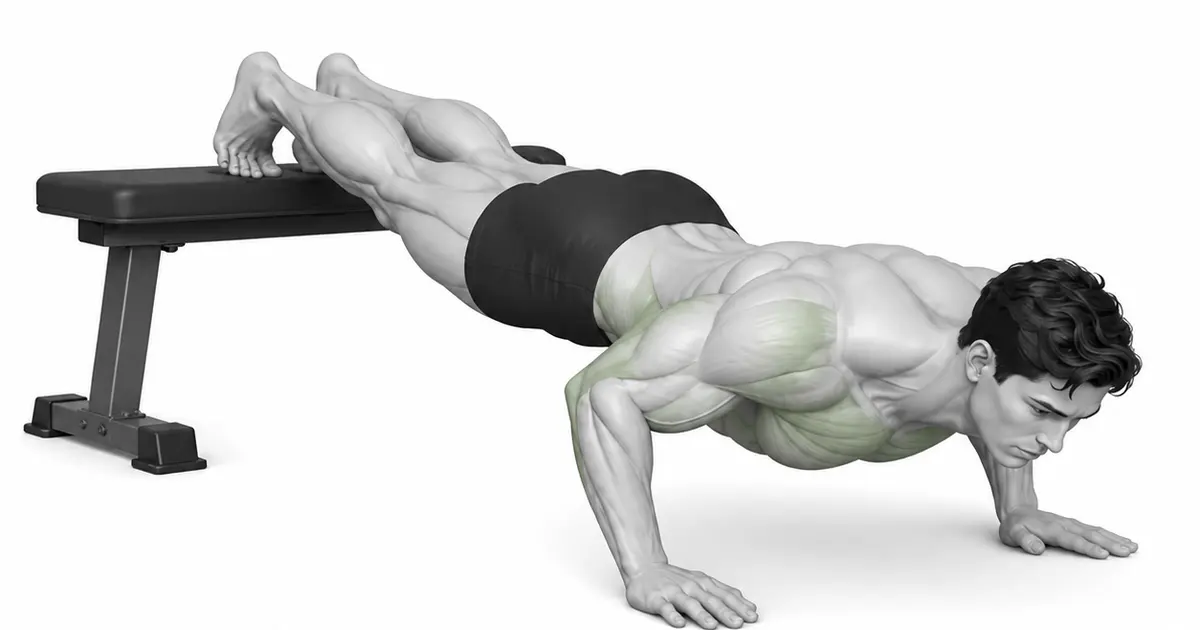 Decline push-up — Without dropping your body beneath your hands, fold your elbows diagonally back
