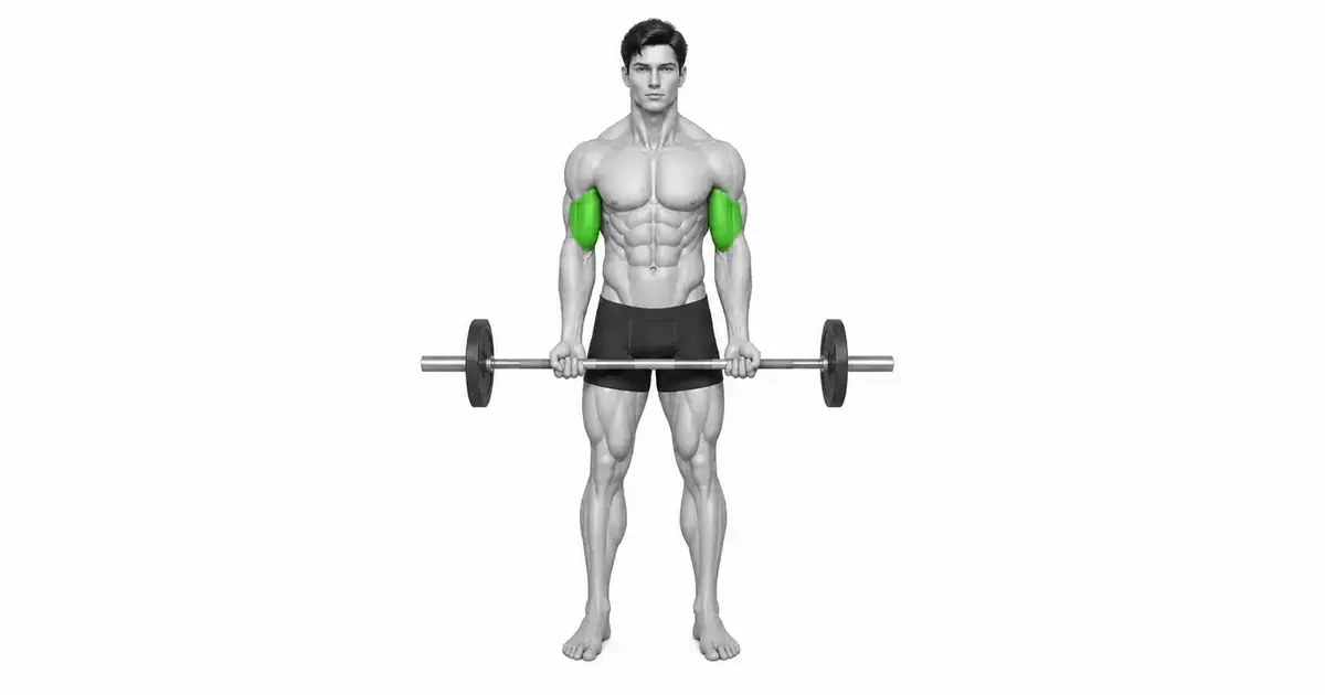 Tarik posisi awal curl dengan barbel di depan paha dan siku sejajar di samping badan.