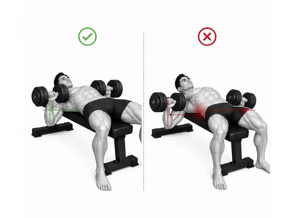 Rette håndledd og stabil bunnposisjon i dumbbell benkpress sammenlignet med foldede håndledd og for stor albuedybde