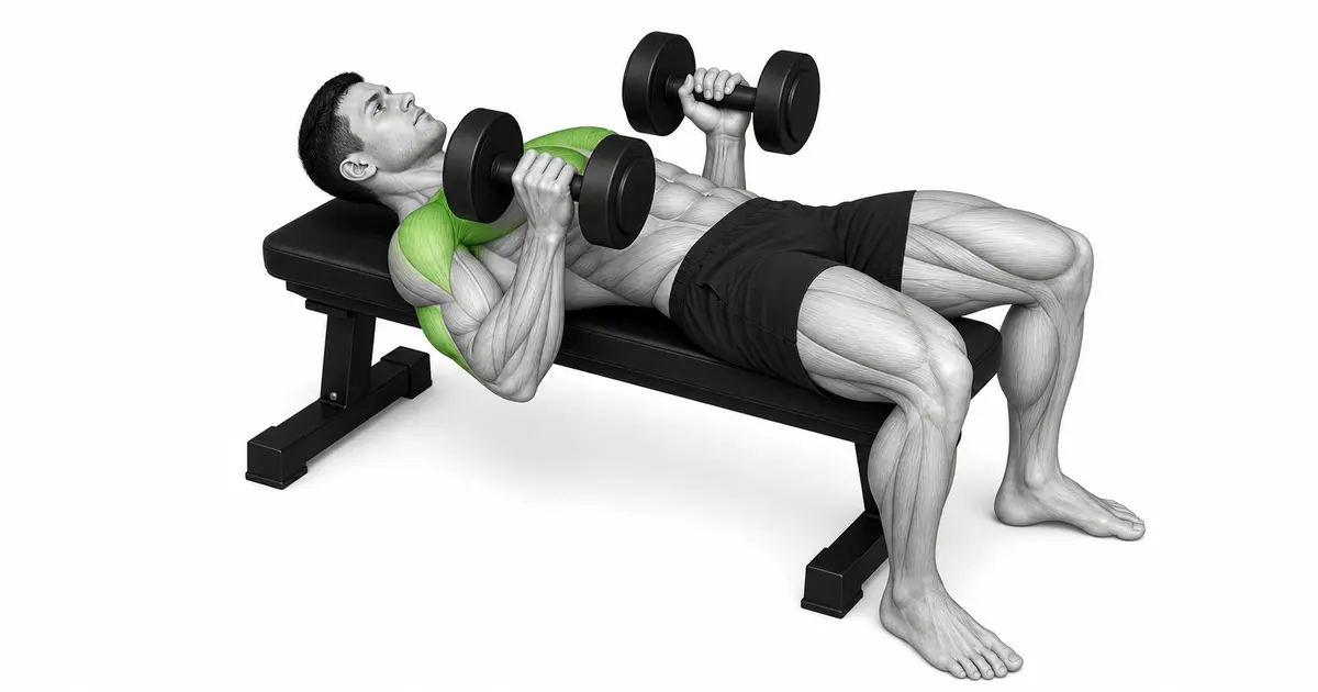 Dumbbell benkpress startposisjon som viser hode, øvre rygg, bekken og fotstøtte sammen med håndleddsjustering