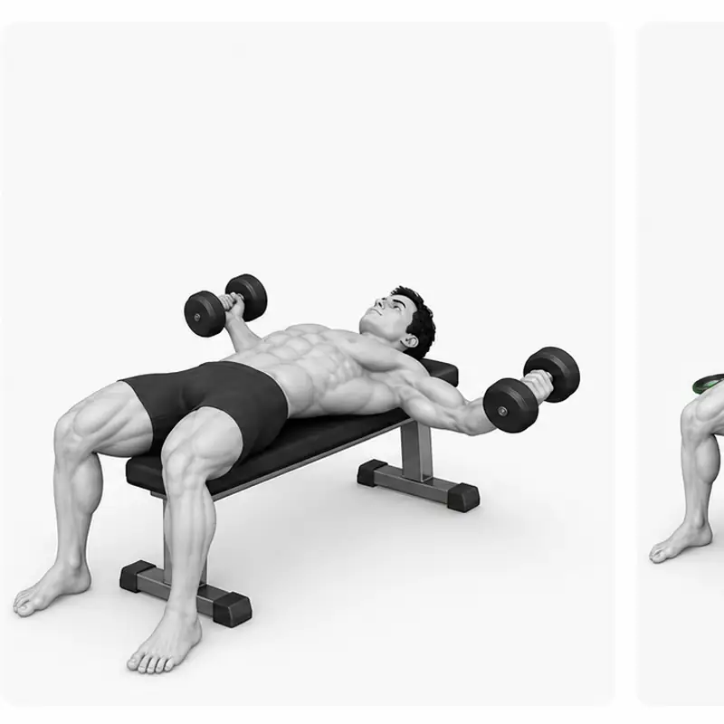 Dumbbell fly membuka kedua dumbbell secara simetris sambil memegang sudut siku yang lembut