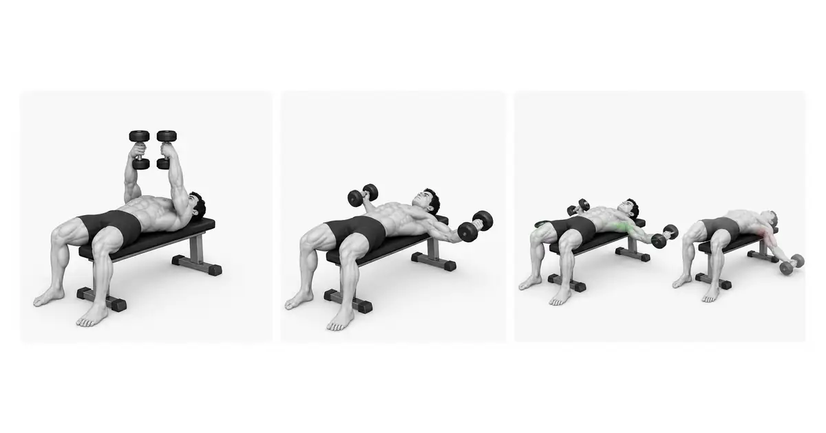 Posisi awal terbang dumbbell menunjukkan dukungan bangku, kontak kaki, dan posisi dumbbell di atas dada