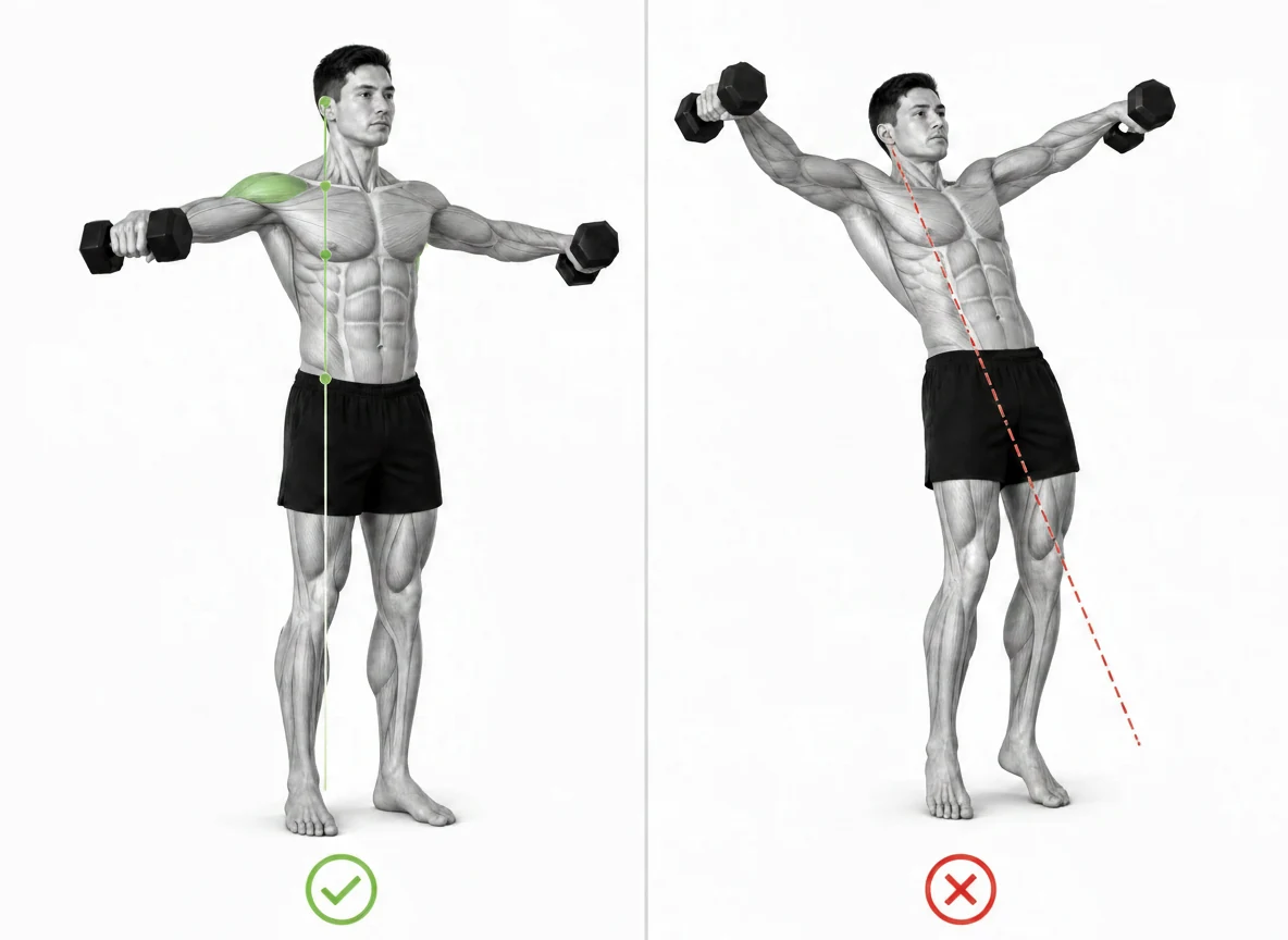 Ilustrace vedle sebe srovnání správné a nesprávné polohy zpětného rázu bočního zdvihu činky na anatomickém modelu na bílém pozadí se zelenou zarovnávací čárou a zaškrtnutím na správné straně a červenou šikmou čárou a křížkem na nesprávné straně.