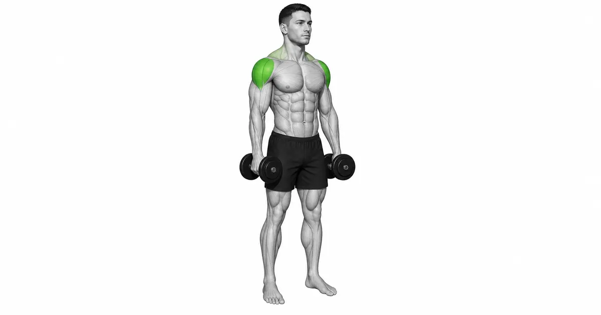 Na bílém pozadí anatomický model v černých šortkách ukazuje výchozí pozici s činkami vedle těla a konečnou pozici s činkami drženými přibližně ve výšce ramen, s bočními deltovými svaly podbarvenými zeleně.
