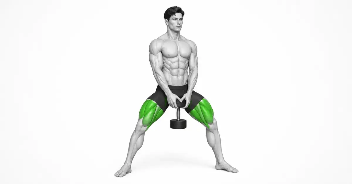 Dumbbell sumo squat position with dumbbells hanging down with both hands and feet wide apart