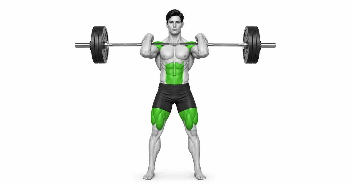 Voorste hurk-voorrakposisie met barbell geplaas op voorste deltoids en elmboë vorentoe gelig.