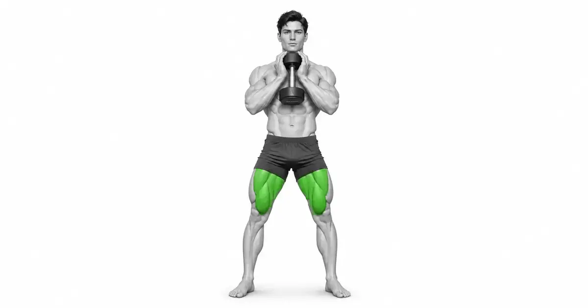 Goblet squat ទីតាំងចាប់ផ្តើមជាមួយនឹង dumbbells ដាក់បញ្ឈរនៅពីមុខទ្រូងនិងជើងទទឹងស្មាដាច់ពីគ្នា។