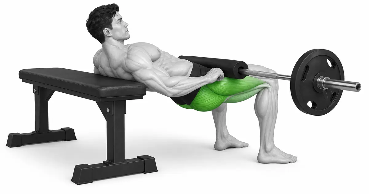 Posisyon ng hip thrust na may ibabang bahagi ng mga blades ng balikat sa bangko at ang barbell ay nakalagay sa pelvic fold.