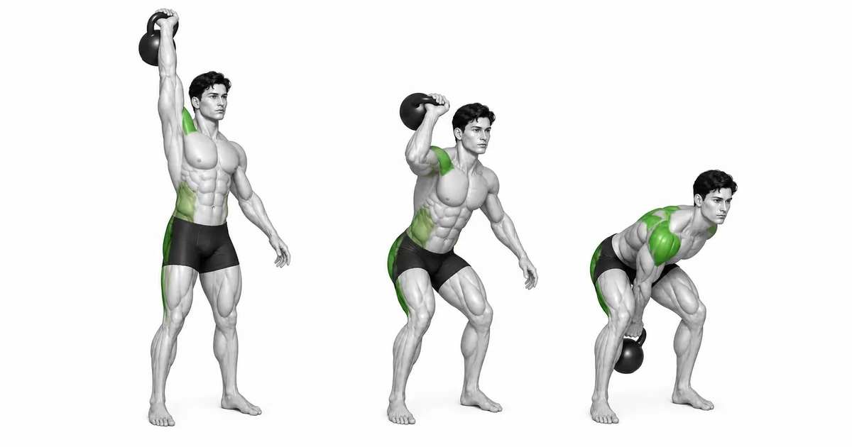 Arranco de Kettlebell — Mesmo na descida, a campainha deve ser girada próxima ao corpo e segurada pela dobradiça.