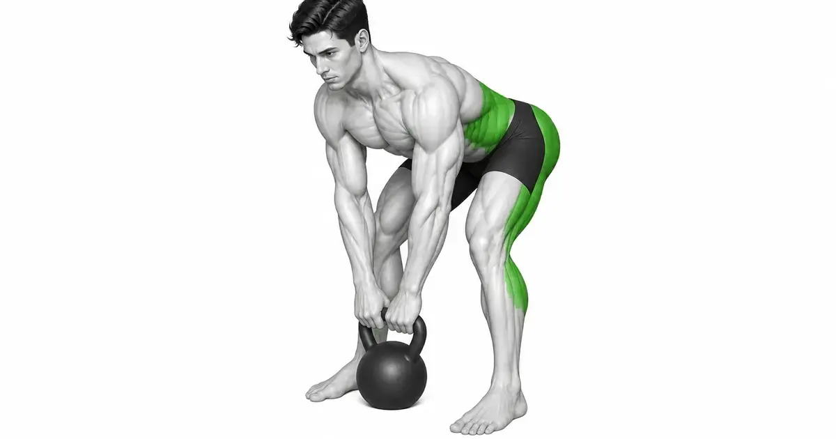 Posisi persiapan ayunan engsel pinggul, memegang kettlebell dengan kedua tangan dan mengarahkan panggul ke belakang.
