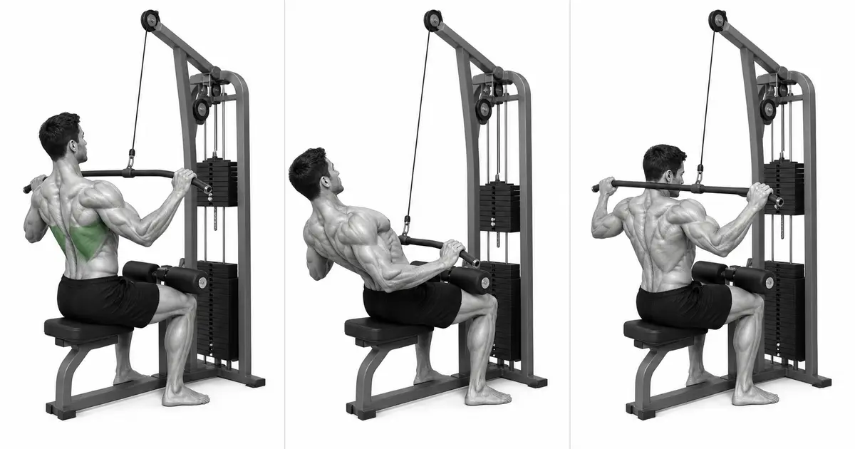 Tamang daanan sa itaas na dibdib para sa mga lat pulldown kumpara sa sobrang pag-arko sa likod at paghila pabalik ng leeg.