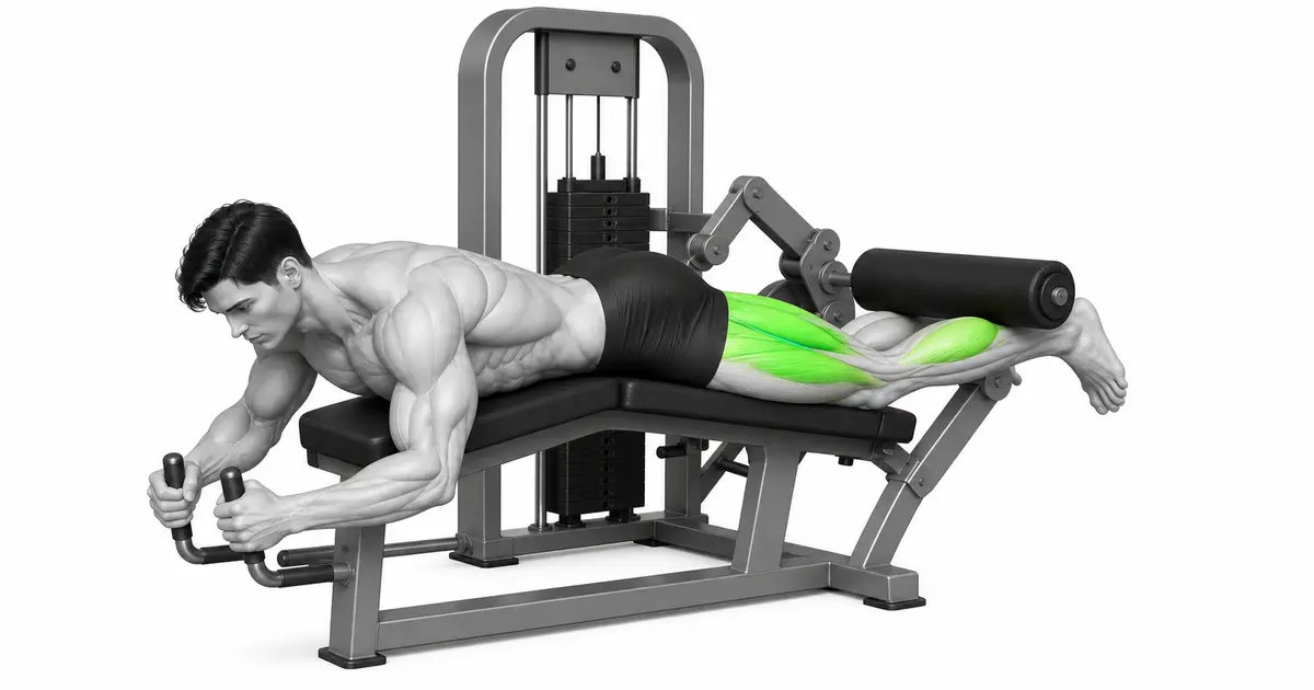 Posisi leg curl berbaring dengan lutut sejajar dengan poros mesin dan roller di atas pergelangan kaki