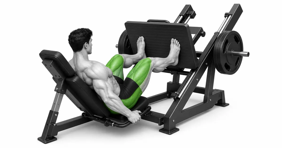 Výchozí pozice 45° leg press se zády a pánví na podložce a oběma chodidly na opěrce nohou.