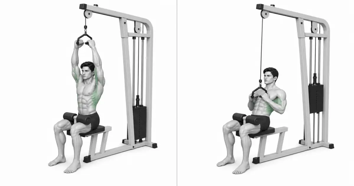 Pulldown lat pegangan netral yang sempit dimulai dengan lengan terentang dan diakhiri dengan siku ke bawah ke samping.