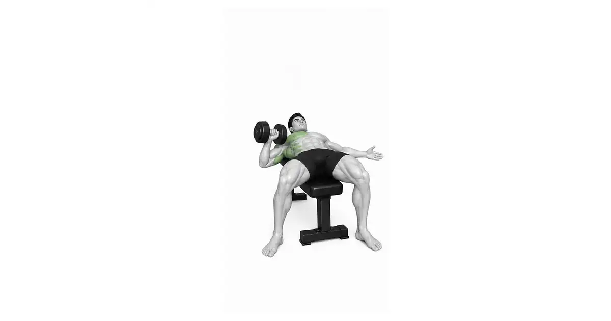 One-arm dumbbell press start position na nakahiga sa isang patag na bangko na ang dumbbell ay nasa tabi ng dibdib at ang kabaligtaran na braso ay nakaunat sa gilid