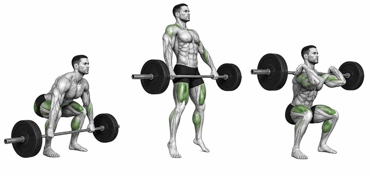 Power Clean — Odsuňte podlahu, natáhněte boky s tyčí blízko a přijměte ji rychlými lokty a měkkými koleny.