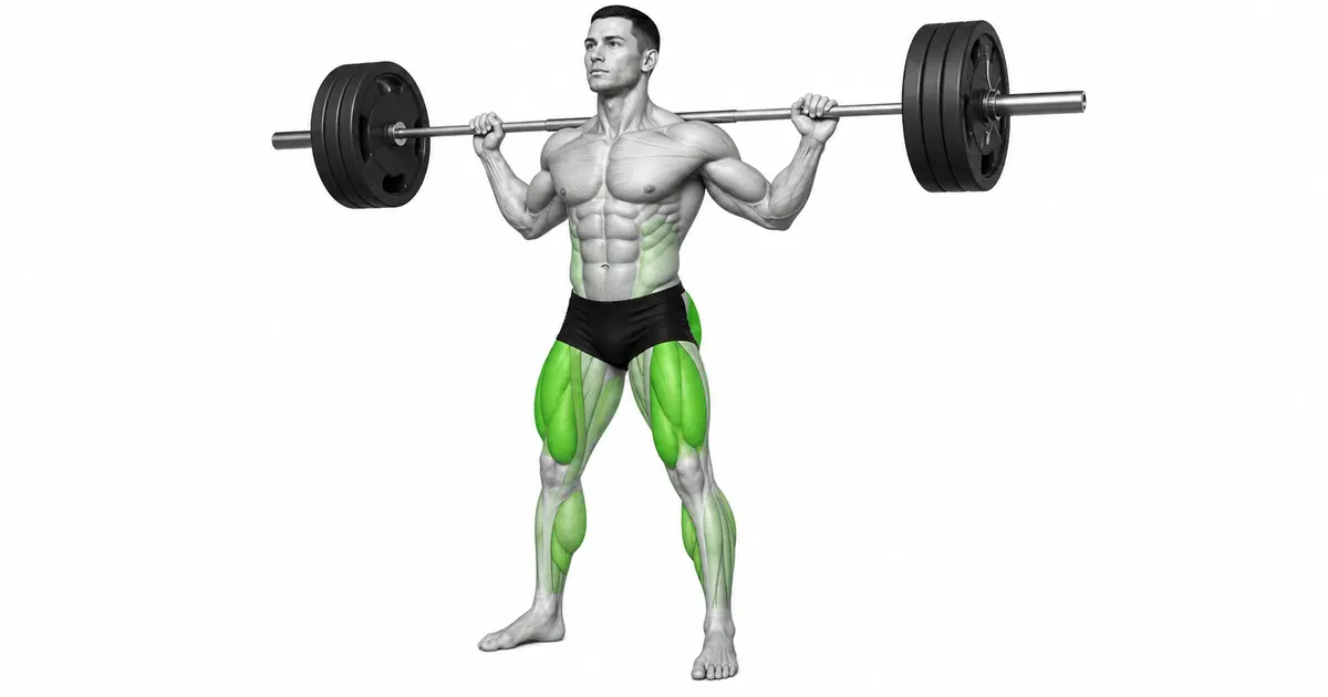 Vooraansig van 'n barbell-squat-opstelling met die knieë wat in dieselfde rigting as die tone volg