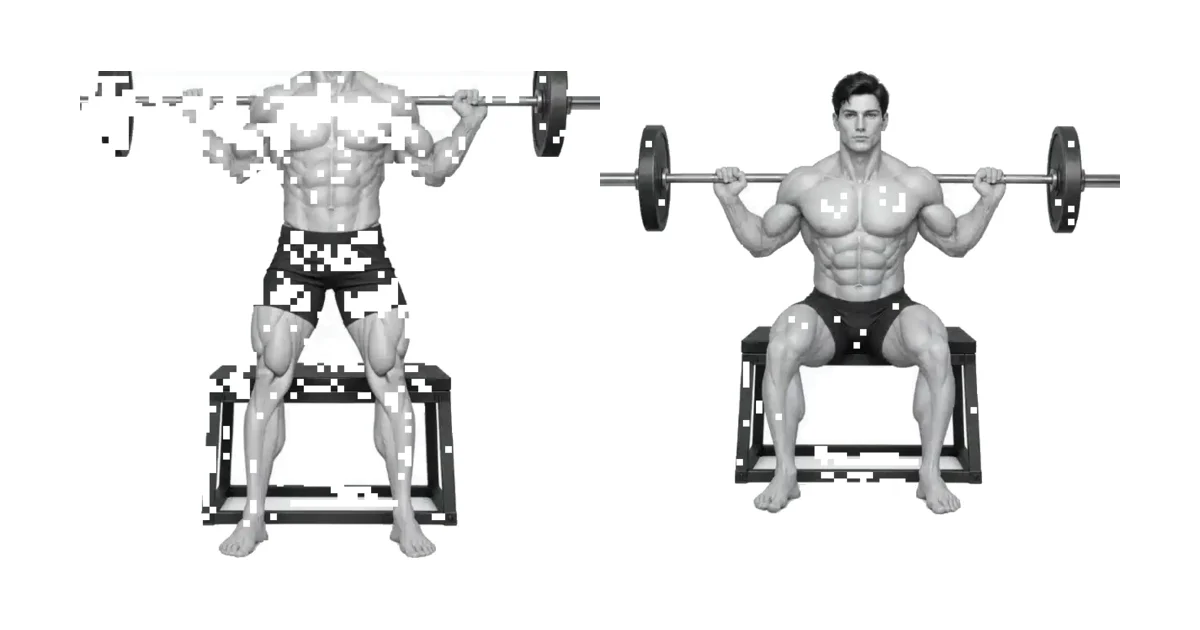 Box Squat — Bereik die heupe terug na die boks sonder om in te sak, ry dan deur die hele voet om te staan.