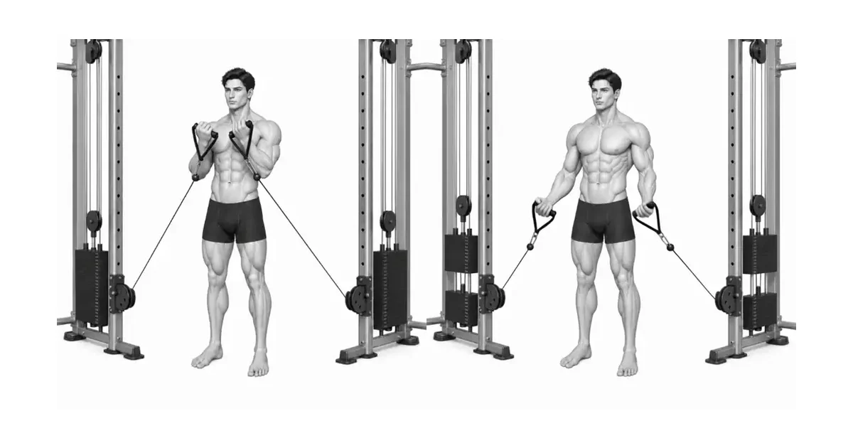 Crucea bicepsului cu cablu — Alegeți o gamă și o încărcare care să mențină repetabilă crucea bicepsului prin cablu
