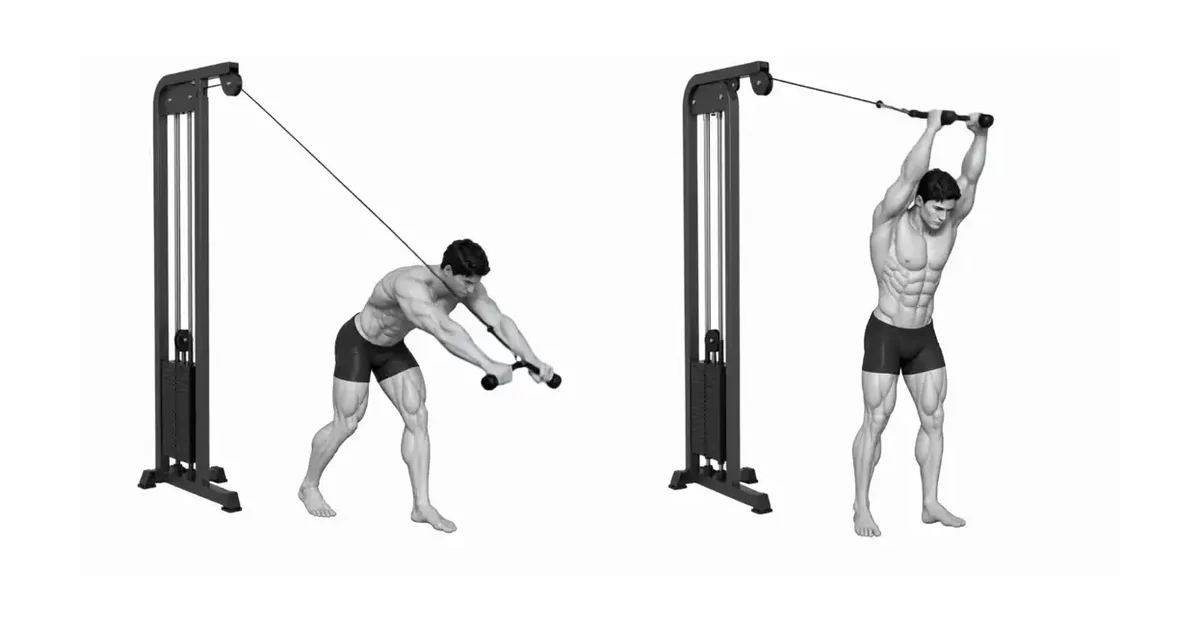 Kabeltou oorhoofse Triceps-verlenging — Kies 'n reeks en vrag wat die kabeltou oorhoofse Triceps-verlenging herhaalbaar hou