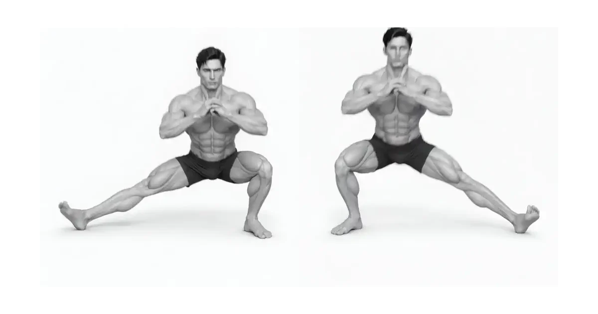 Cossack Squat — Extended leg actively presses into the floor rather than passively stretching