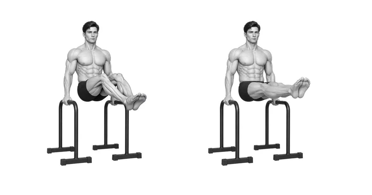 L-Sit — Van die kenposisie, strek die hefboom stap vir stap uit deur een been uit te brei