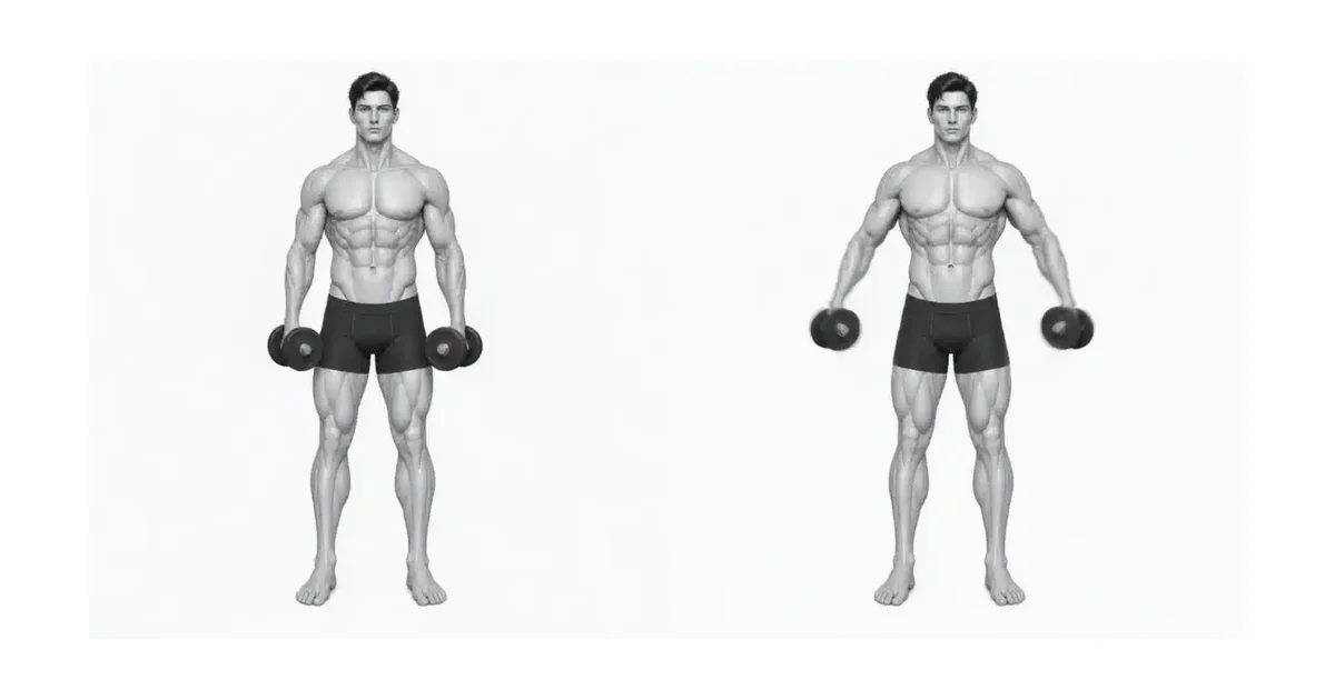 Anatomický model ukazuje začátek a konec bočního zvedání činky vedle sebe, ukazuje malý ohyb v lokti a dráhu paží mezi přední a boční částí trupu.