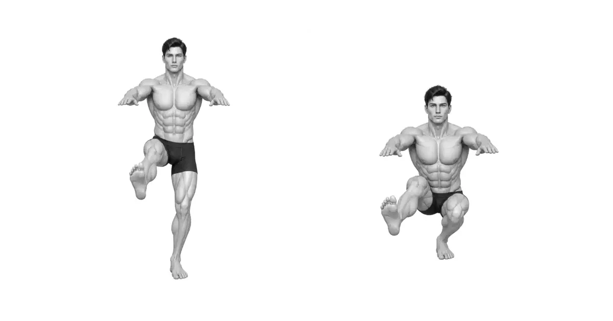 Pistol Squat — Dybde oppnås kun når knærne kan bevege seg fremover med hælene sammen.