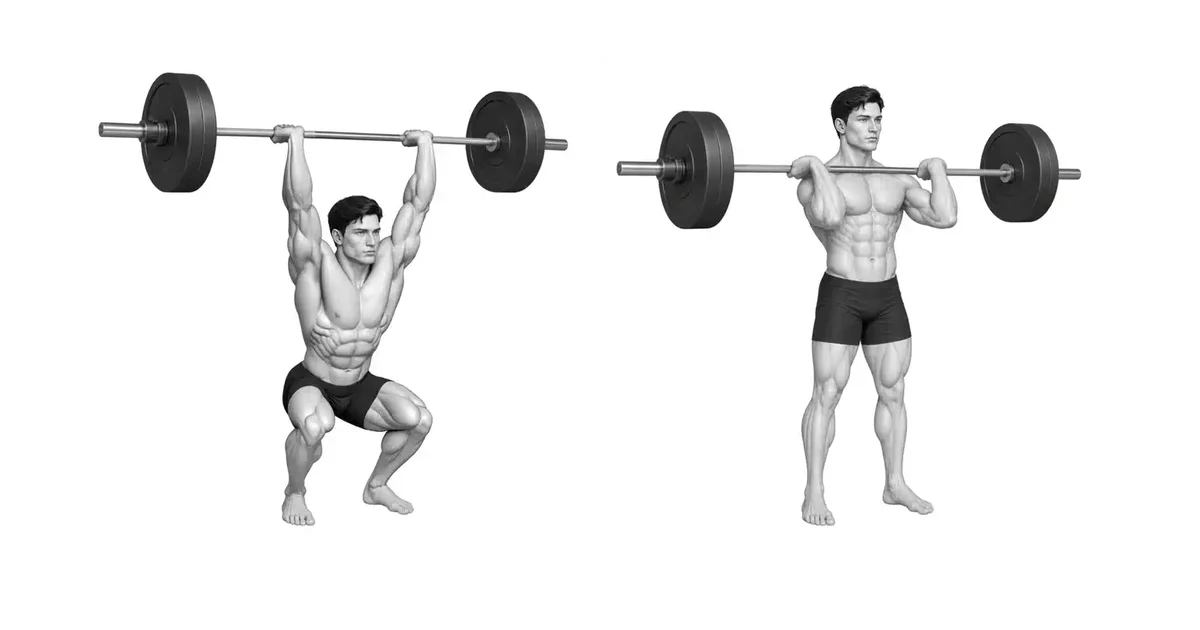 Thruster — When lowering the bar, you must gently support it with your shoulders and knees to stabilize the next squat.