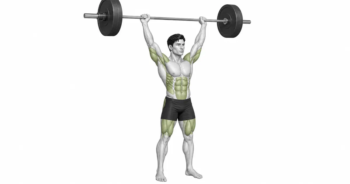 Thruster — The press takes over lower body strength just before the end of the squat rise.