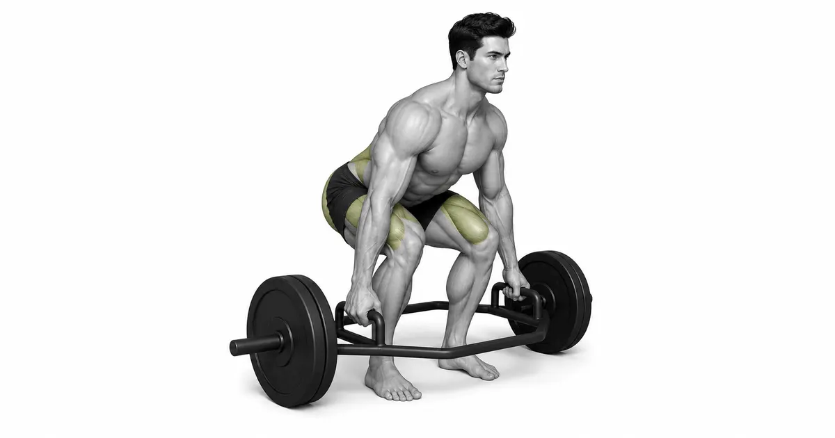 ወጥመድ አሞሌ deadlift — የወጥመዱ አሞሌ ስኩዊት ወይም ቀጥ ያለ ባር የሞተ ሊፍት አይደለም፣ ይልቁንም ድብልቅ ጉልበት እና ዳሌ ንድፍ ነው።