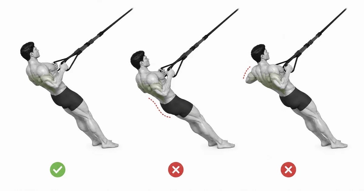 TRX-ry — Hou die lyf in 'n plank en trek die handvatsels na die ribbes toe sonder om die heupe te laat sak.
