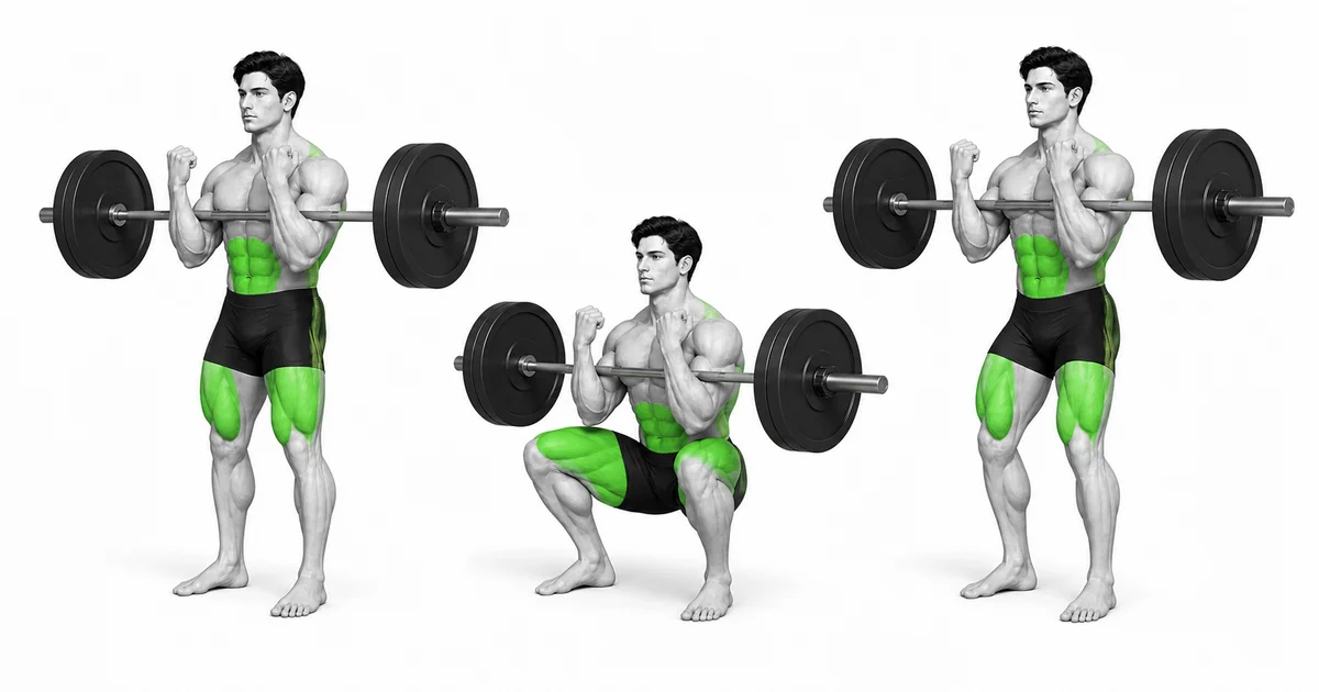 Zercher Squat — Když je tyč tažena dopředu, je důležité neztrácet tlak na horní část zad a břicha.
