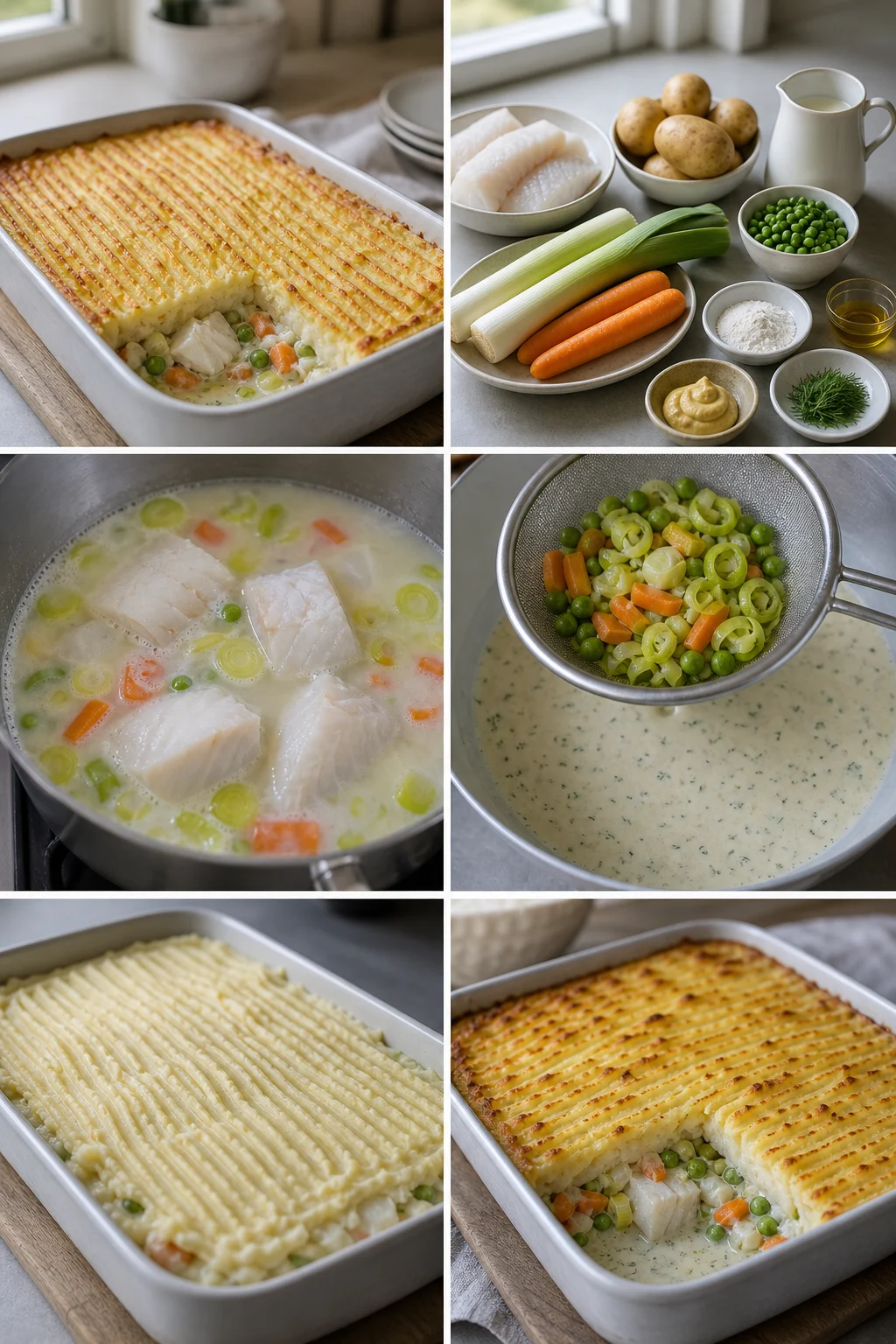 Færdig lettere hjemmelavet Fiskegratin på et dansk middagsbord
