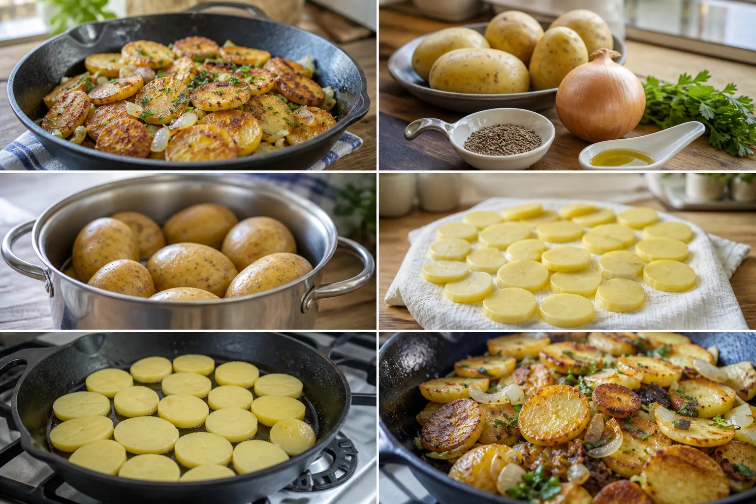 Knusprige goldene Bratkartoffelscheiben mit Zwiebel und Petersilie ohne Ölpfütze