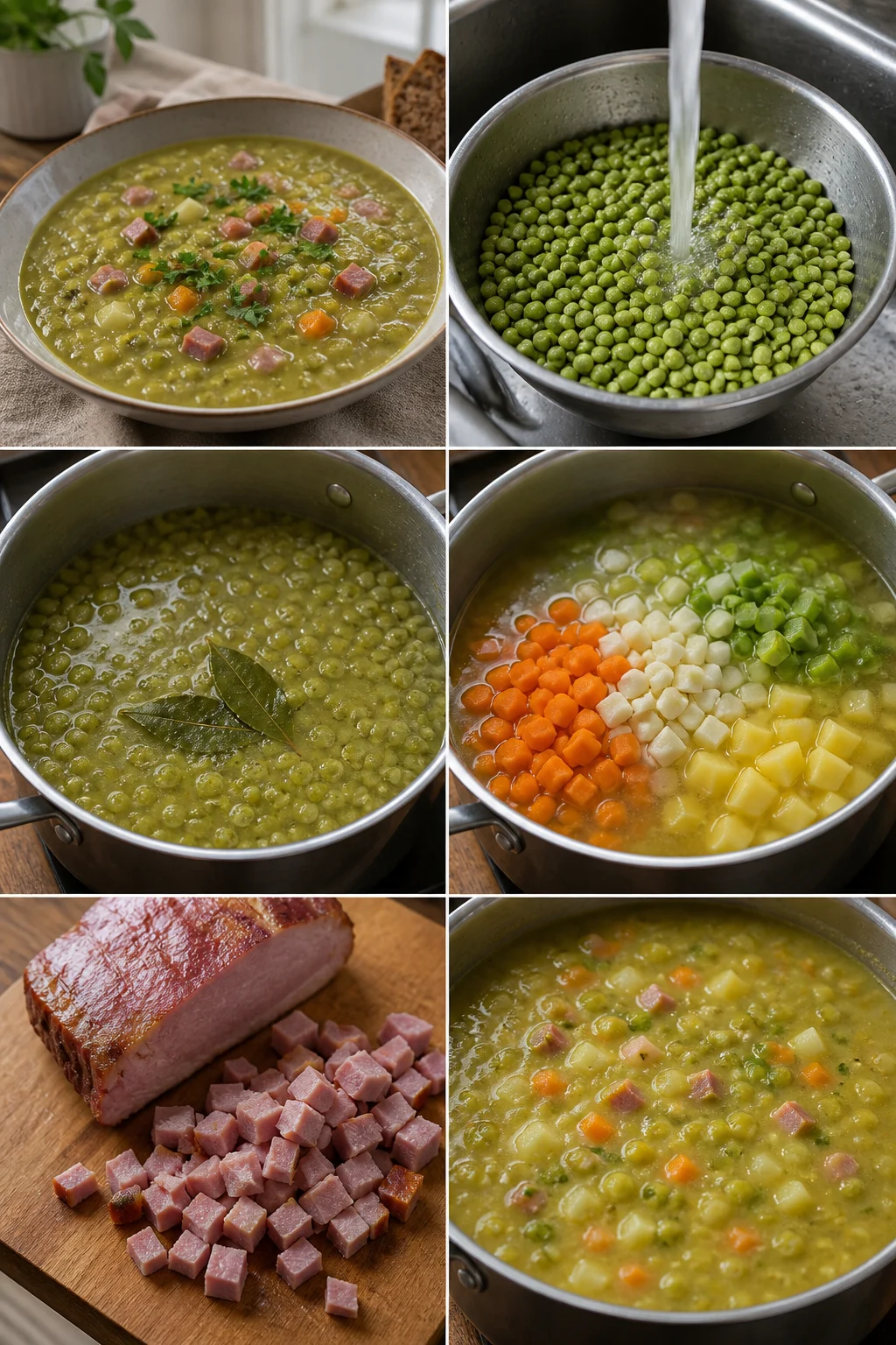 Fertiges leichteres deutsches Gericht Erbsensuppe auf dem Esstisch