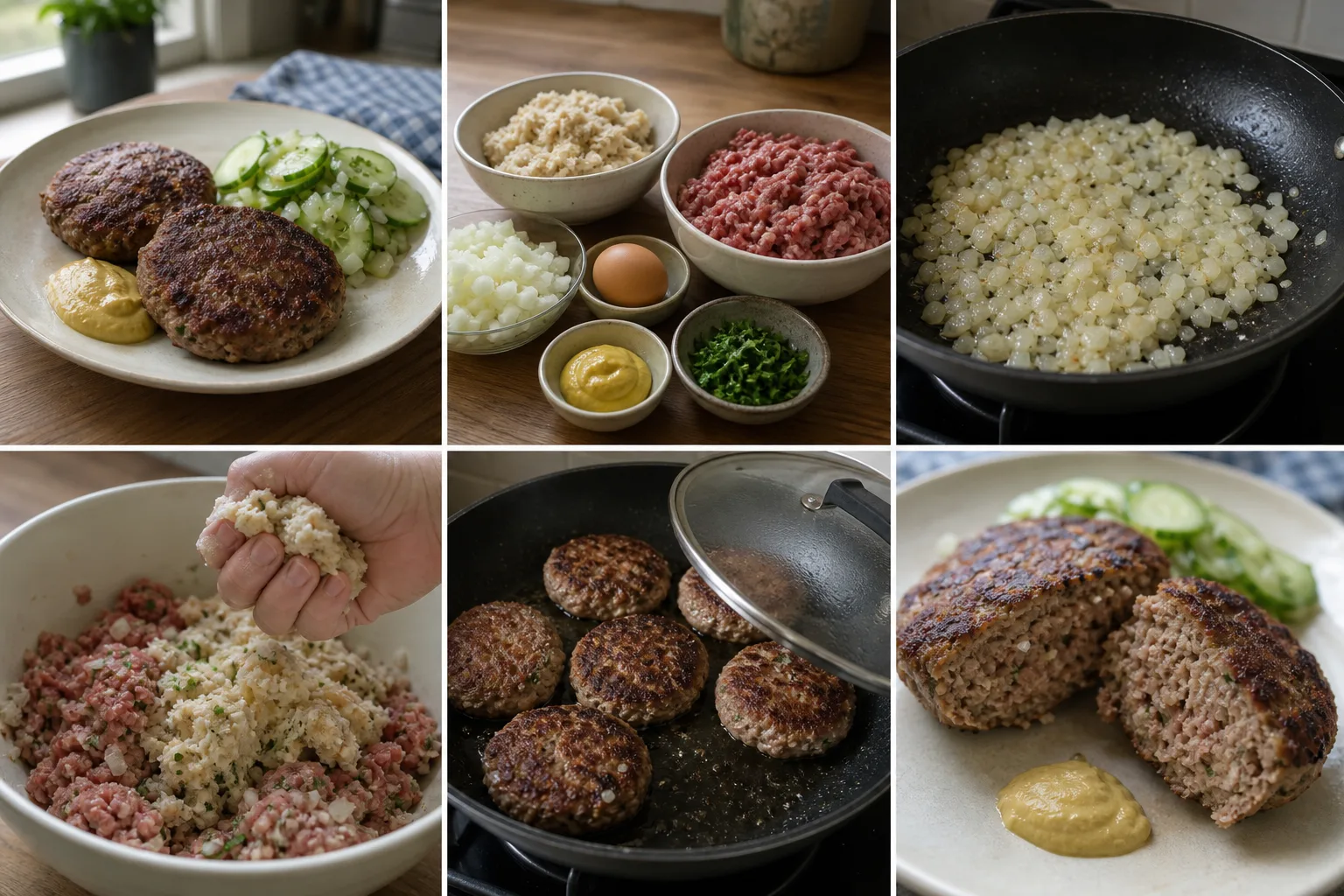 Zwei gebräunte deutsche Frikadellen mit Senf und Gurkensalat