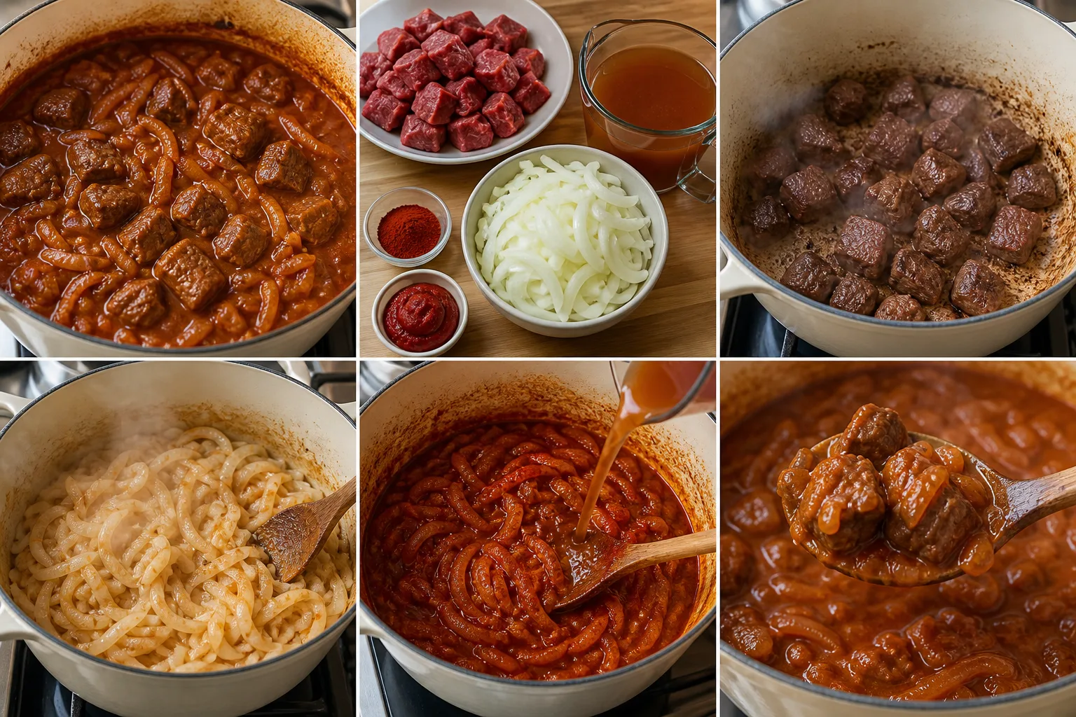 Deutsches Rindergulasch mit zarten Würfeln und dicker Zwiebel-Paprika-Sauce