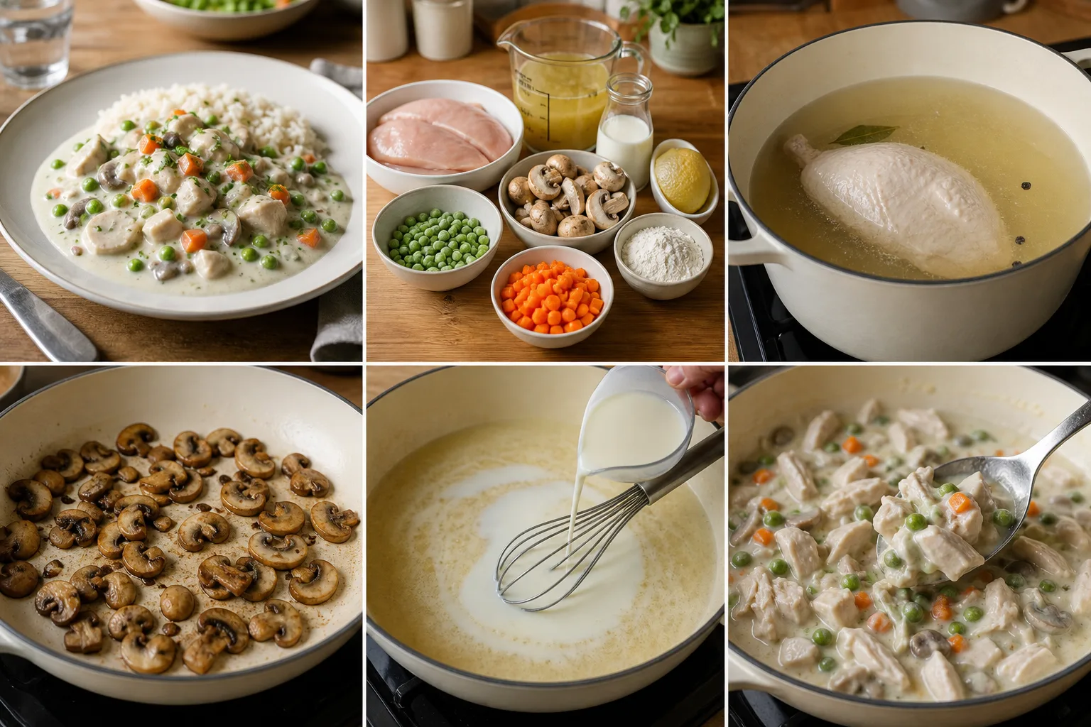 Cremiges deutsches Hühnerfrikassee mit Erbsen, Möhren und gebräunten Pilzen
