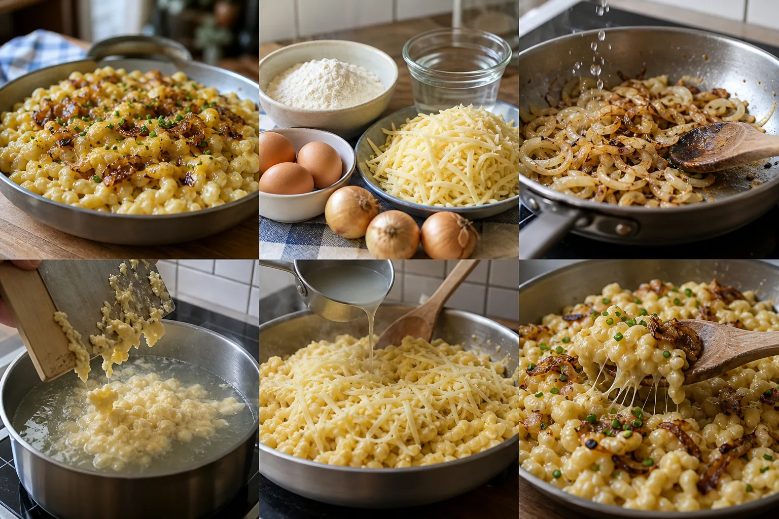 Glänzende Käsespätzle mit wenig Bergkäse und dunkel gebräunten Zwiebeln