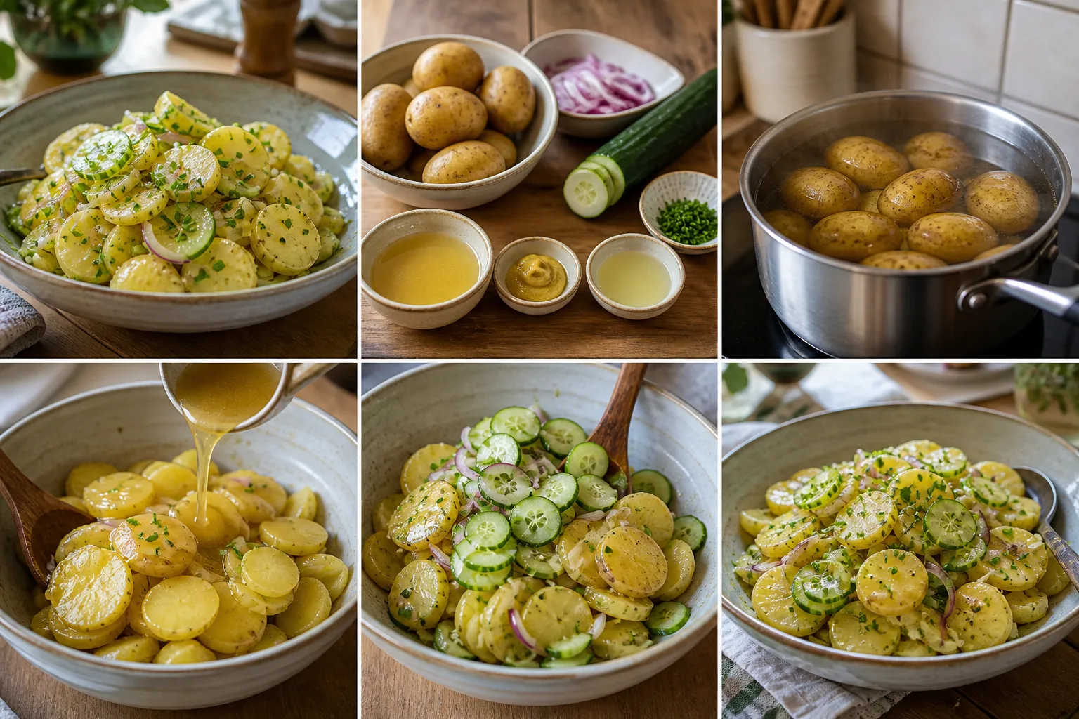 Glänzender deutscher Kartoffelsalat mit Gurke, roter Zwiebel und Schnittlauch