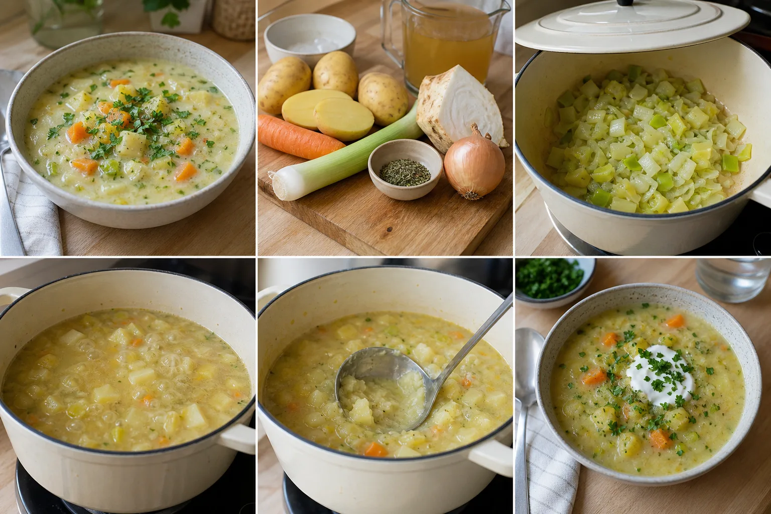 Cremige deutsche Kartoffelsuppe mit Kartoffelstücken, Möhre, Lauch und Petersilie