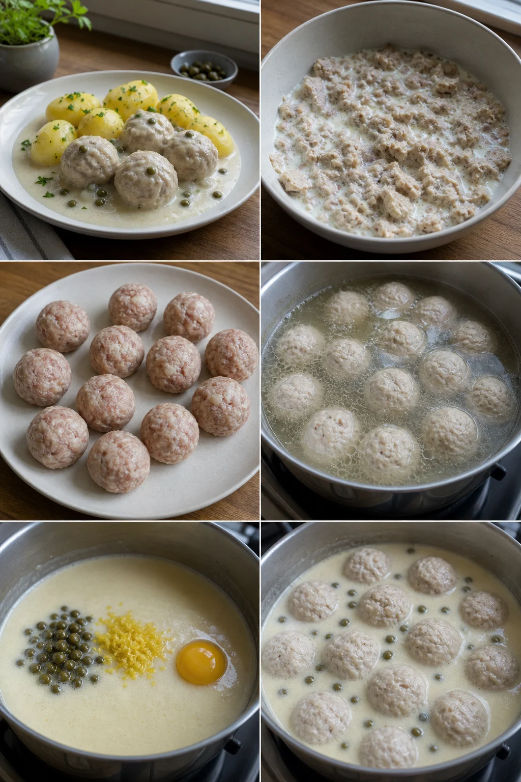 Fertiges leichteres deutsches Gericht Königsberger Klopse auf dem Esstisch